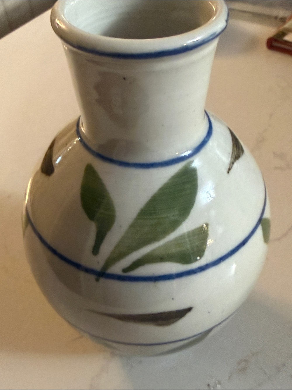 Vintage signed studio art pottery hand painted leaf bud vase